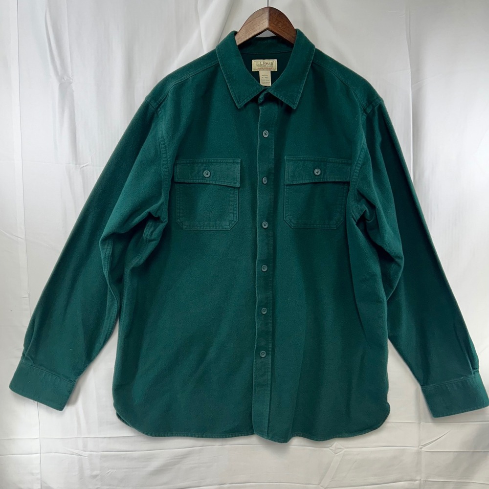 L.L. Bean Chamois Cloth Shirt Mens XL Green Heavyweight Cotton Button Up 187923